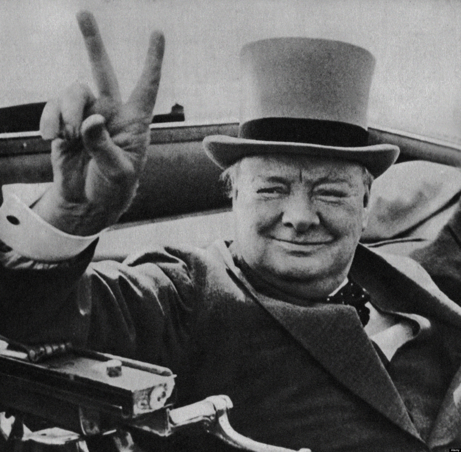 British wartime leader Winston Churchill with his famous V for victory